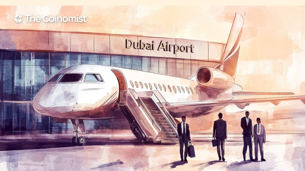 Several people in business suits carrying small briefcases walk down the steps of an airplane at an airport with the name "Dubai Airport" shining above them - The Coinomist