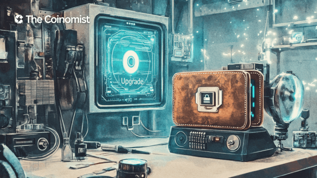 still automotive-themed, but set in a garage, where the wallet is being customized or serviced - The Coinomist