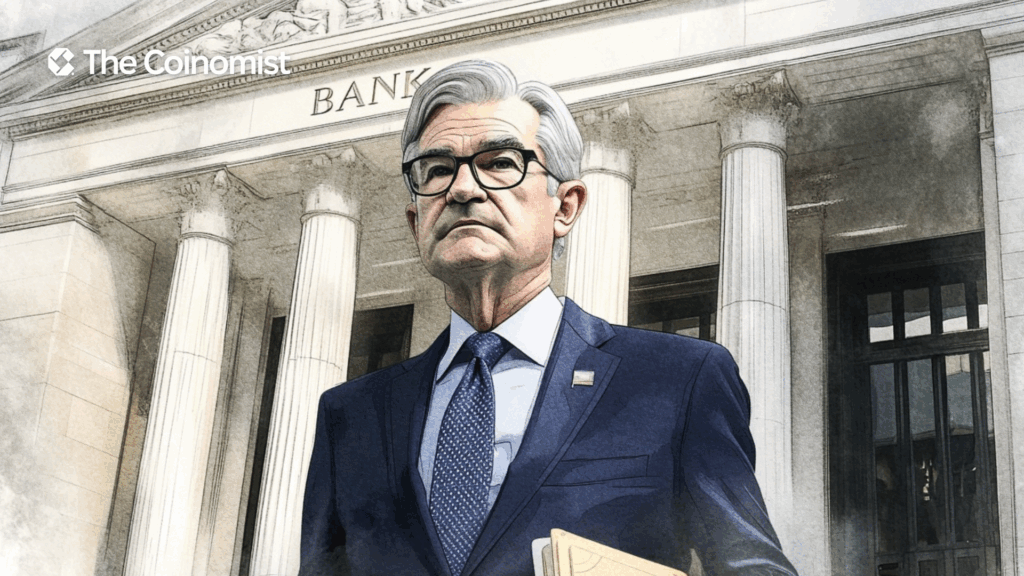 Jerome Powell, Bank on the background, stablecoins around - The Coinomist