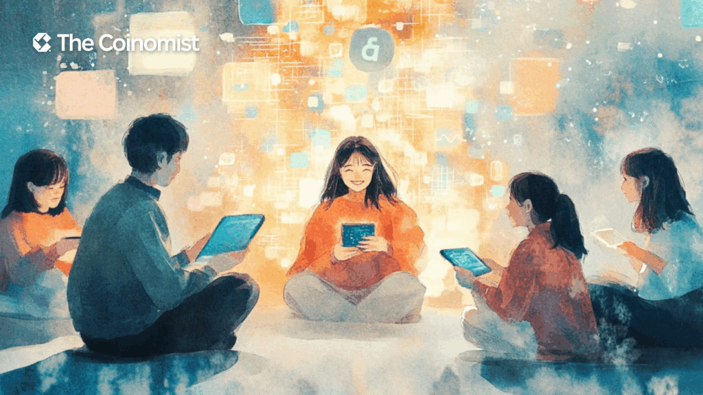 : a group of Asian users gathered in a circle, happily looking at their phones. From the screens, emojis, transactions, messages, or translations are flowing out - The Coinomist