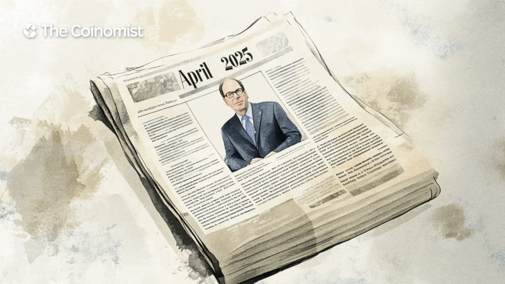 A newspaper with the date (April 2025) and Larry Fink's face on the front page - The Coinomist