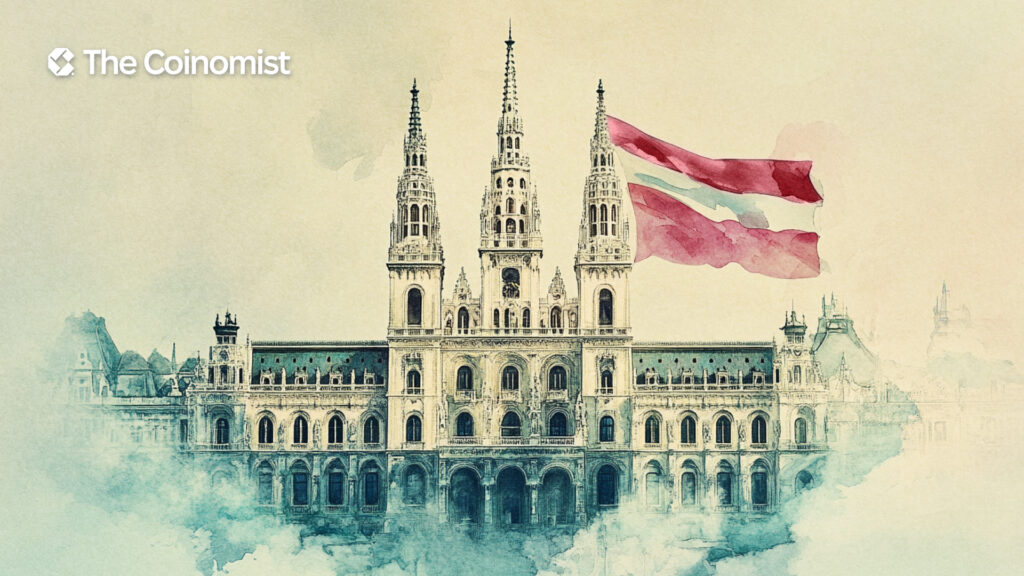 Vienna City Hall against the background of the blockchain network and the flag of Austria - The Coinomist