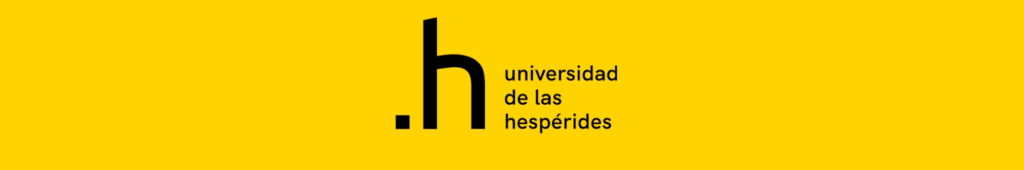 Yellow banner with the logo of Universidad de las Hespérides, featuring a minimalist ".h" and text in black - The Coinomist
