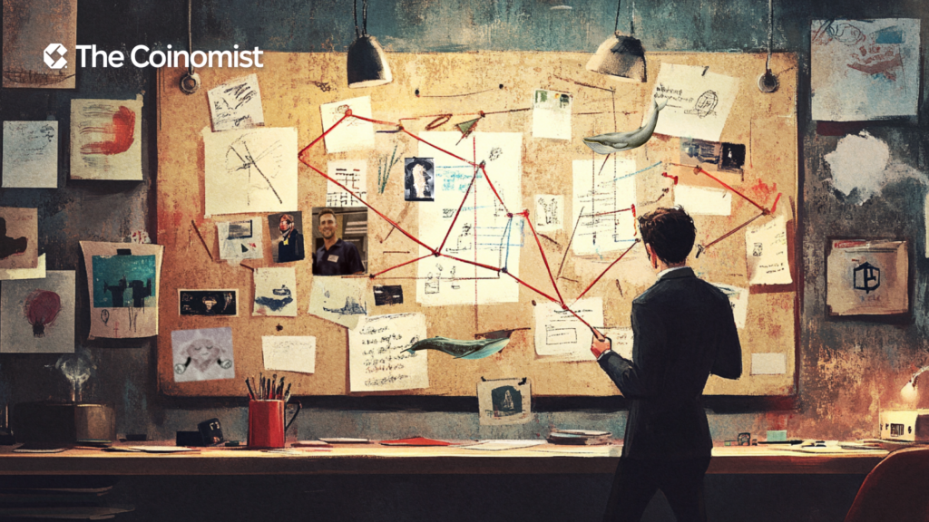 a corkboard with red strings connecting the clues. Include a depiction of ZachXBT and elements representing the community - The Coinomist