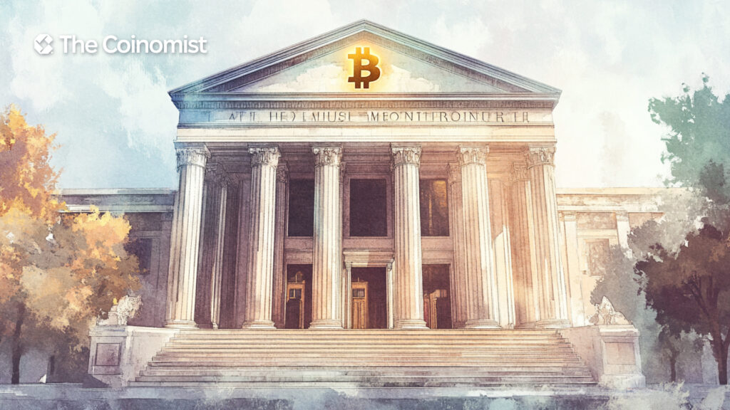 A bank building with a Bitcoin sign glowing above its entrance - The Coinomist
