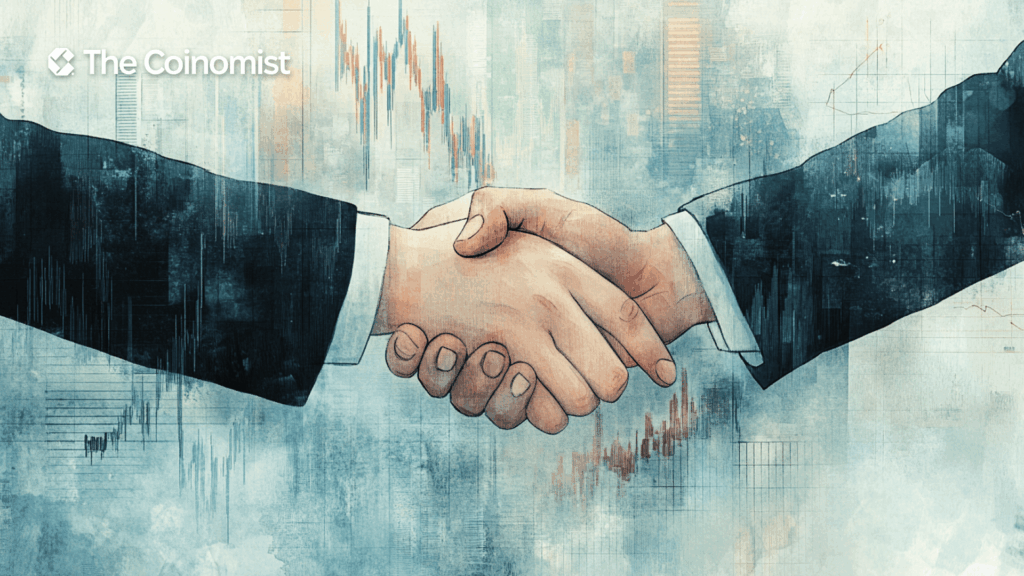 Handshake with financial charts in the background - The Coinomist