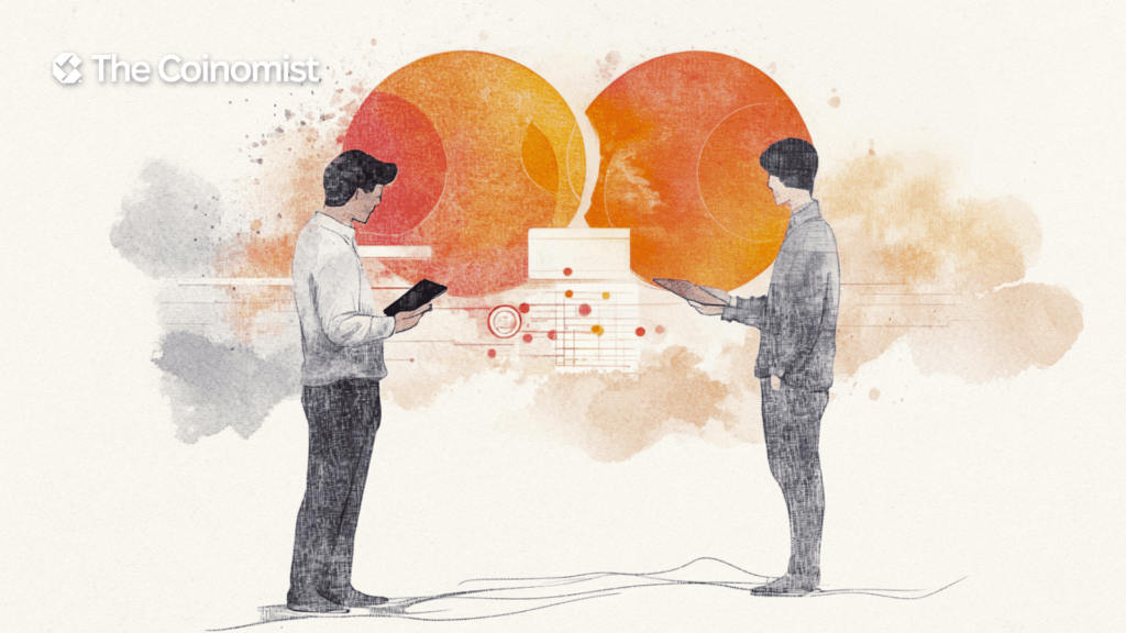 Mastercard logo, imitation of transferring stablecoins between two points or people - The Coinomist