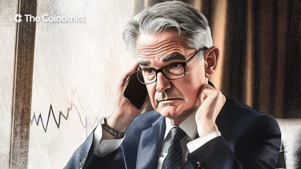 a worried Jerome Powell on the phone - The Coinomist