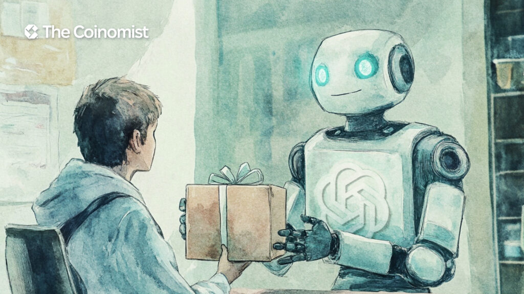 robot presenting a student with a computer or a gift that displays the ChatGPT logo - The Coinomist