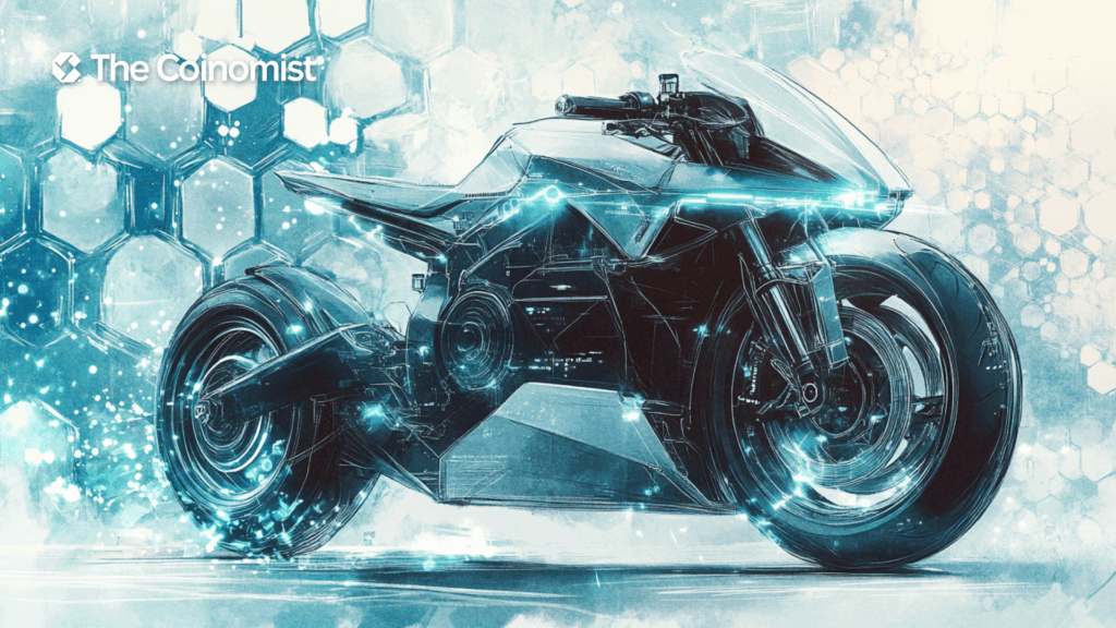 an electric motorcycle with chain links or other blockchain elements in the background - The Coinomist