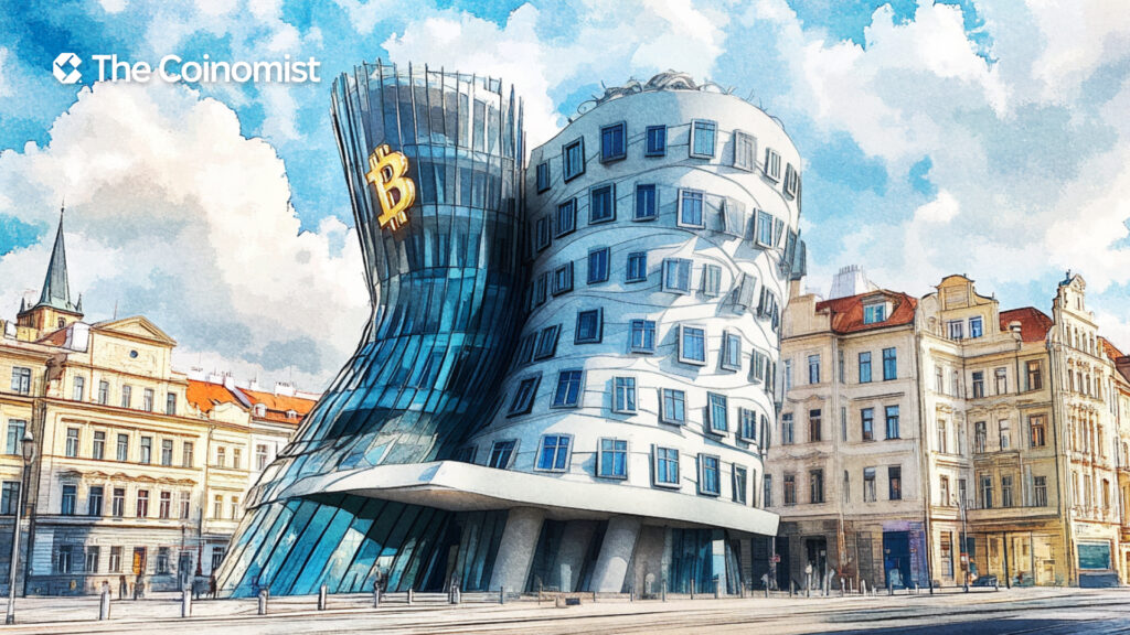 Dancing House in Prague (Google image) with Bitcoin symbol glowing on it - The Coinomist
