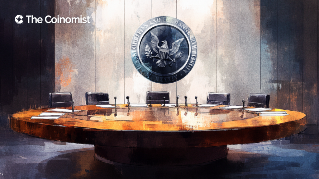 a round table, on it lie folders and microphones (5-6 pieces), but there are no people at the table. On the wall is the SEC emblem - The Coinomist