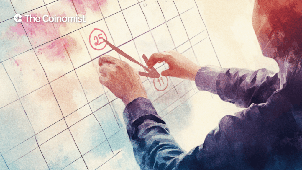 Google Calendar or a traditional wall calendar. Two dates are marked: April 25 and June 11, with an arrow pointing from today to June 11 - The Coinomist