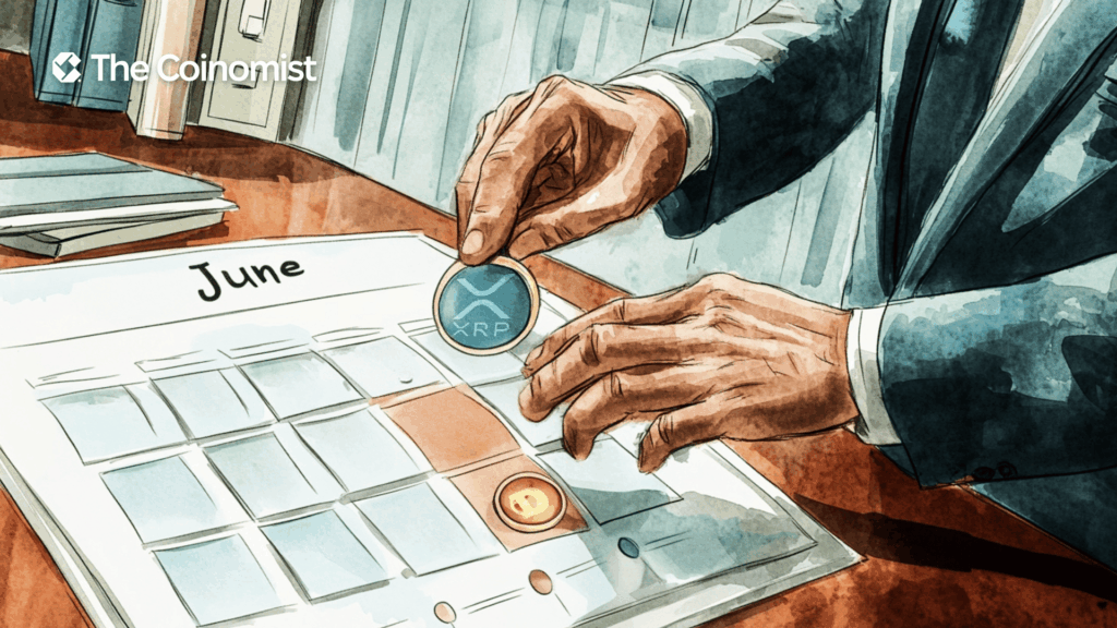 A calendar-themed concept once again: the SEC is depicted either moving something or drawing on a calendar to indicate a reschedule to June - The Coinomist