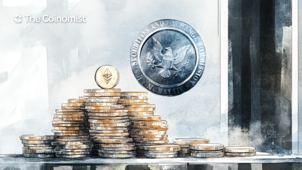 US SEC logo, stack of Ethereum coins - The Coinomist