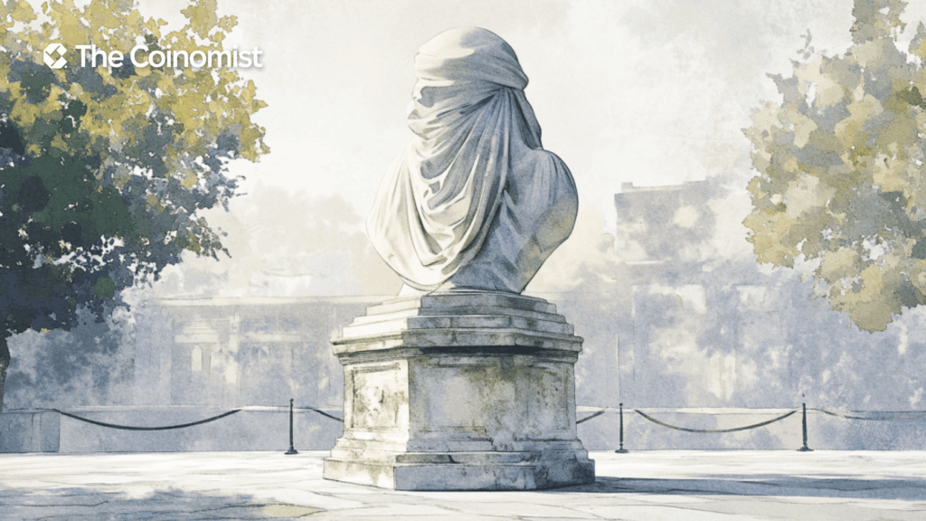 The pedestal of the monument, which depicts a bitcoin coin. There is a figure on the pedestal, but it is covered with fabric and it is unclear what it looks like - The Coinomist