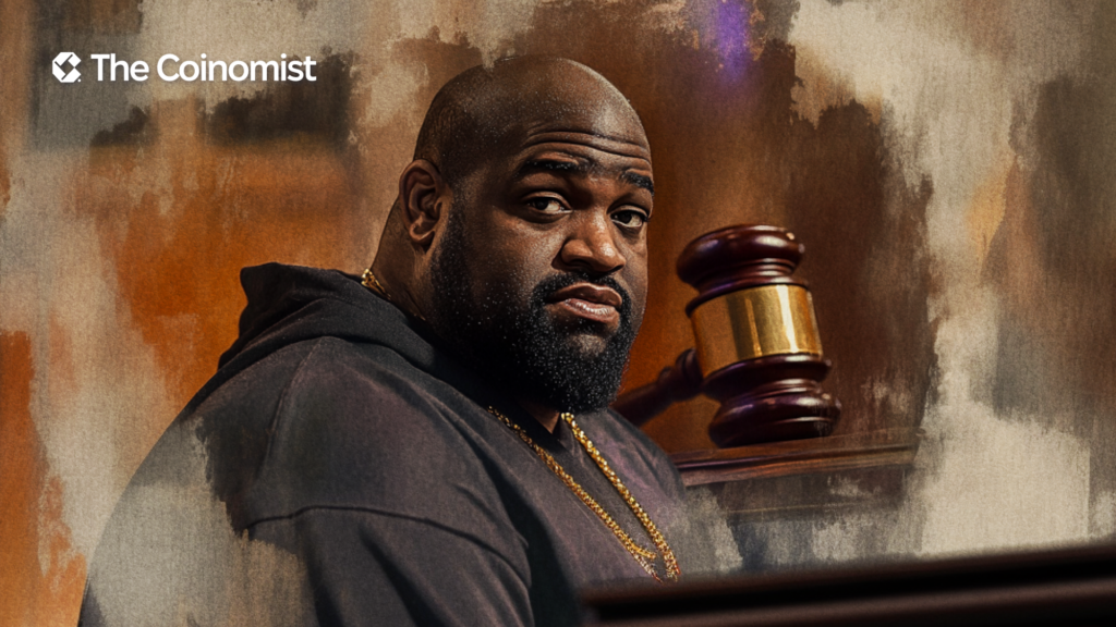 Shaquille O'Neal on the cover with a judge's gavel in the background - The Coinomist