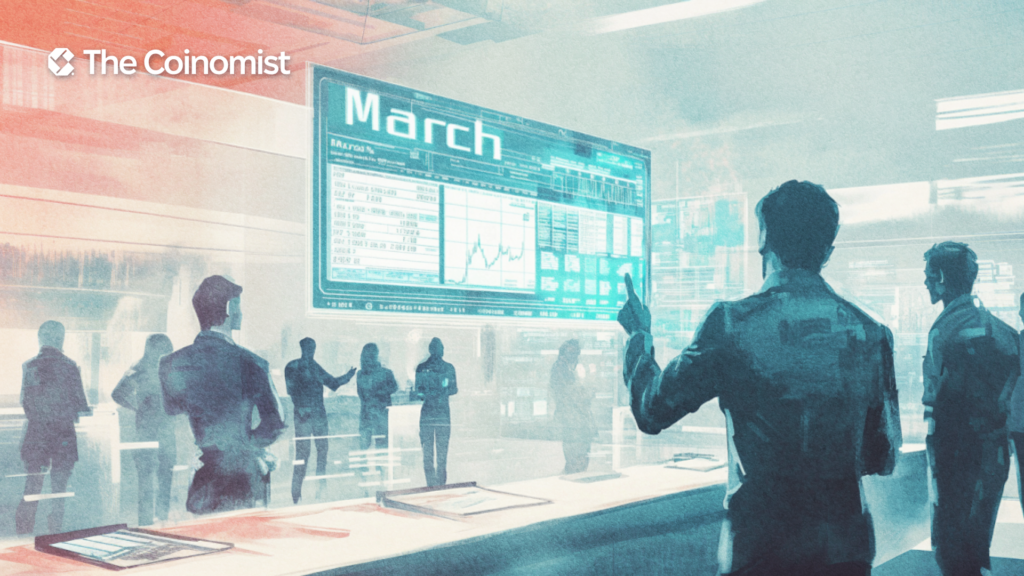 The calendar reads March. Nearby, there's either a board, a holographic display, or any kind of setup that suggests market analysis or trading - The Coinomist