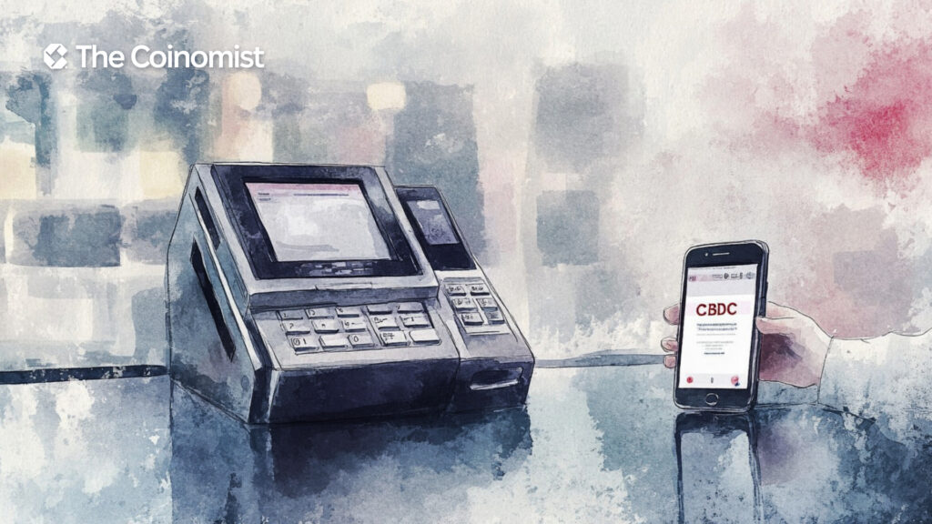 POS terminal with a mobile device displaying 'CBDC' on the screen. The Coinomist