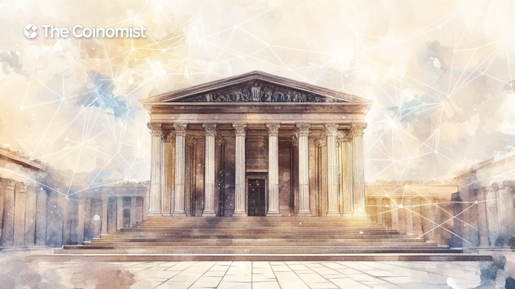 conditional government agency with a conditional flag above the entrance against the background of the blockchain network - The Coinomist