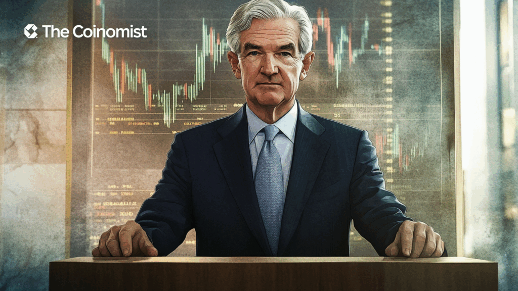 Fed chair Jerome Powell, random chart on background - The Coinomist