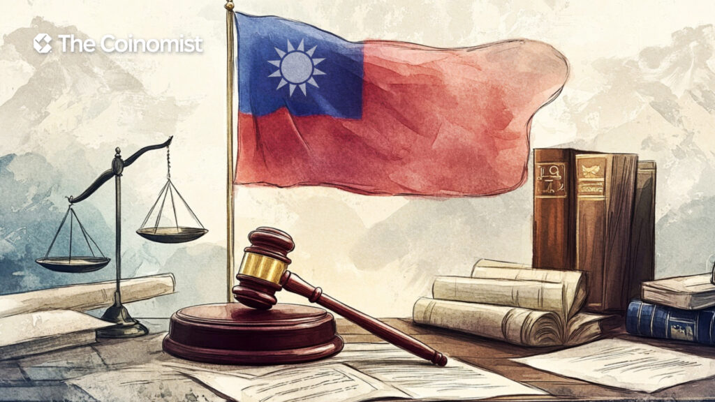 The Taiwanese flag along with legal elements like gavels, documents, and similar visuals - The Coinomist