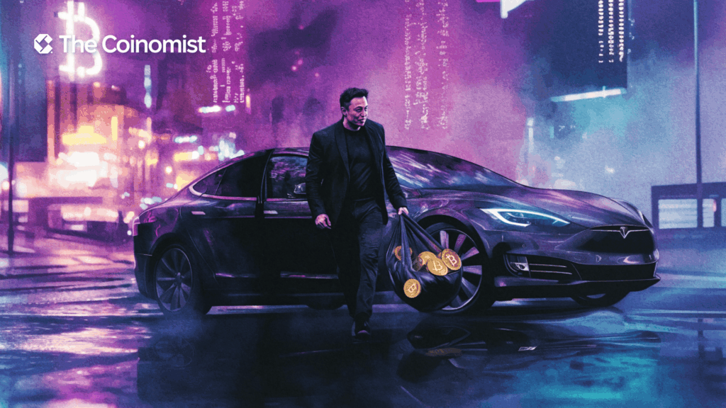 Elon Musk stepping out of a Tesla, carrying a briefcase full of Bitcoin - The Coinomist