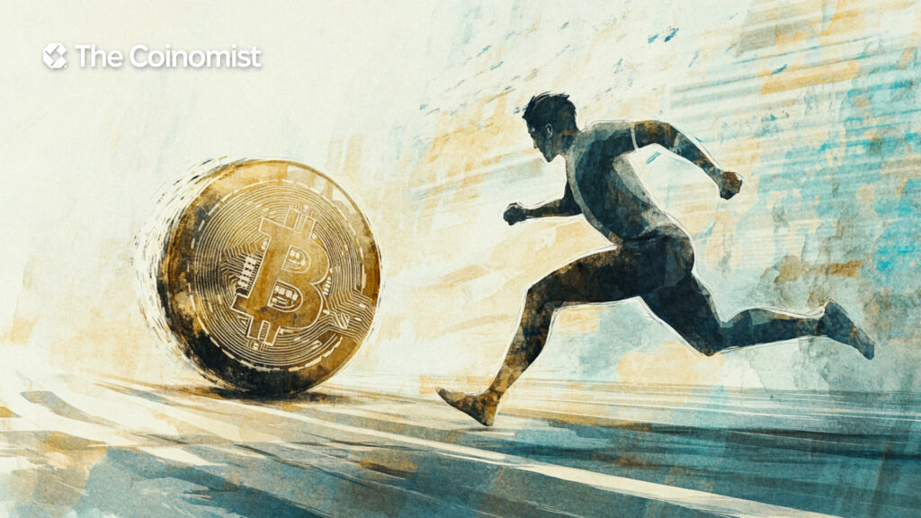 a race scene, with a person sprinting to catch up to Bitcoin - The Coinomist
