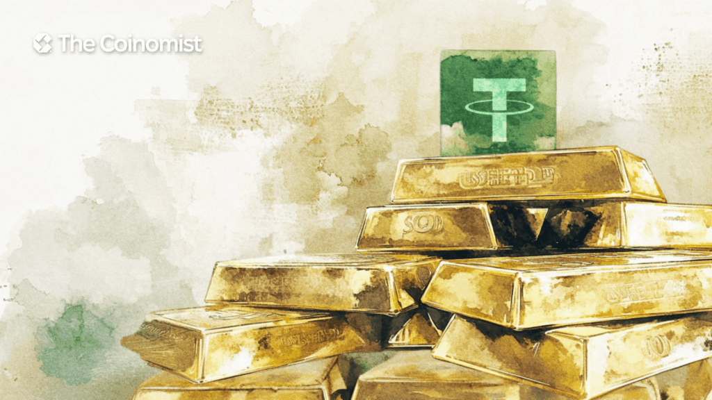 Tether logo with a pile of gold bullion - The Coinomist
