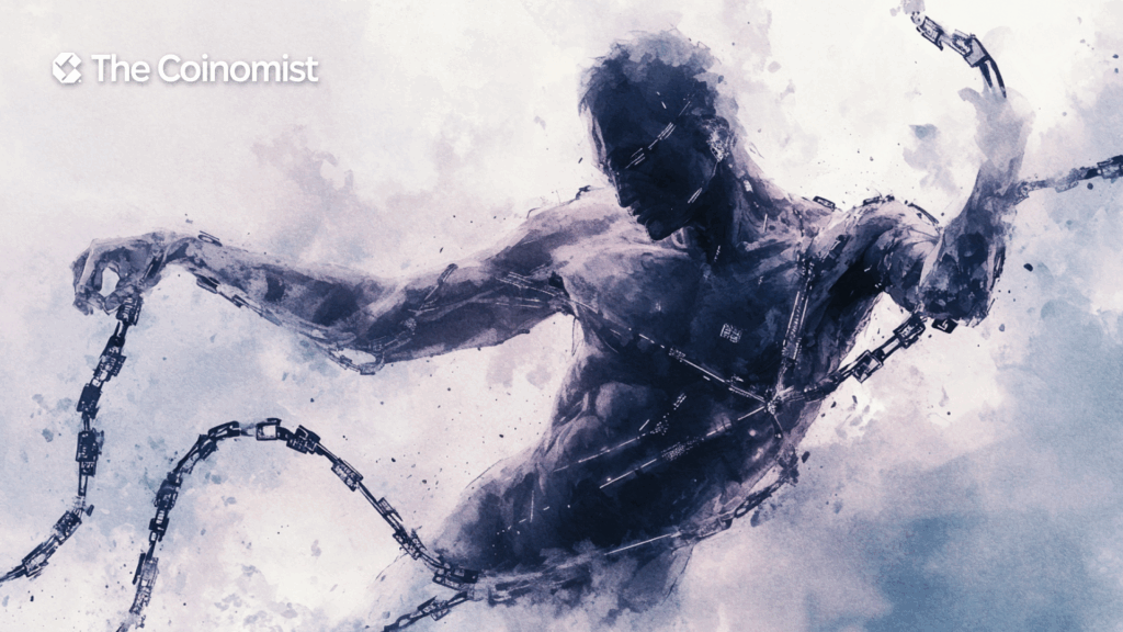a figure of a man entangled in a blockchain network like ropes and trying to break this network - The Coinomist