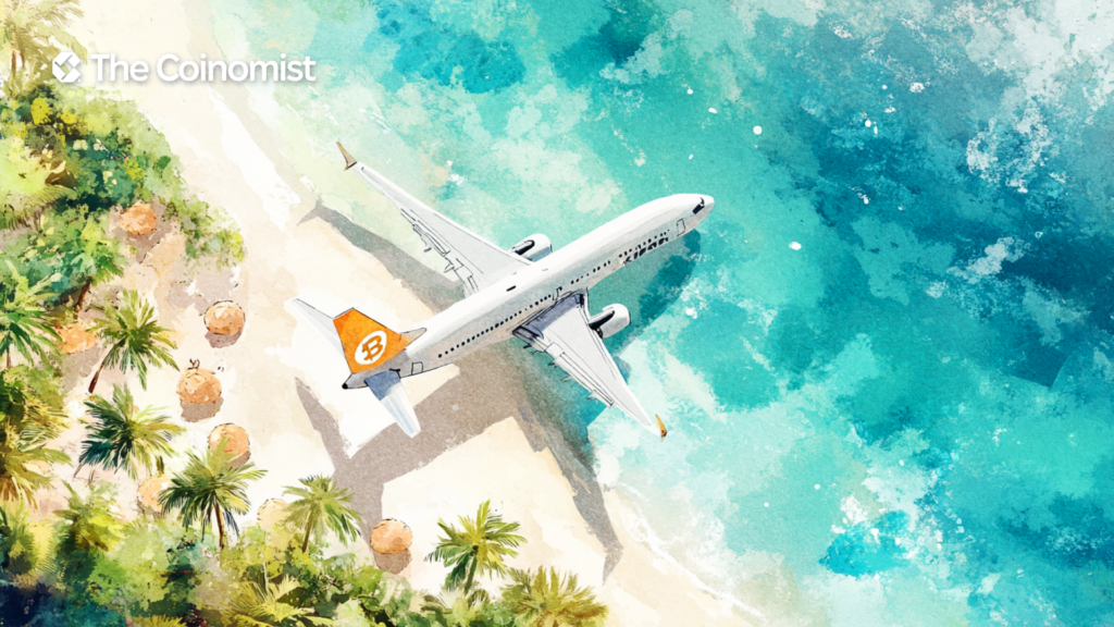 A plane with a bitcoin symbol takes off, with the ocean and palm trees on white sand beneath it - The Coinomist
