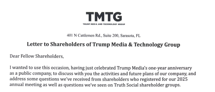 Screenshot of a shareholder letter from Trump Media & Technology Group (TMTG), highlighting the company’s one-year anniversary as a public company and outlining its future plans - The Coinomist