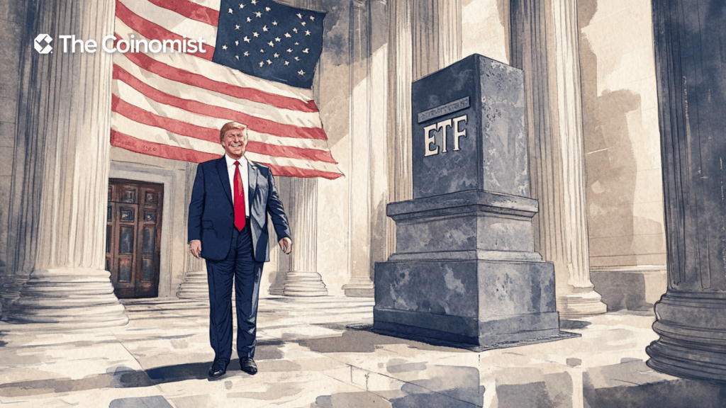 A happy Donald Trump stands near the ETF inscription and the US flag in the background - The Coinomist