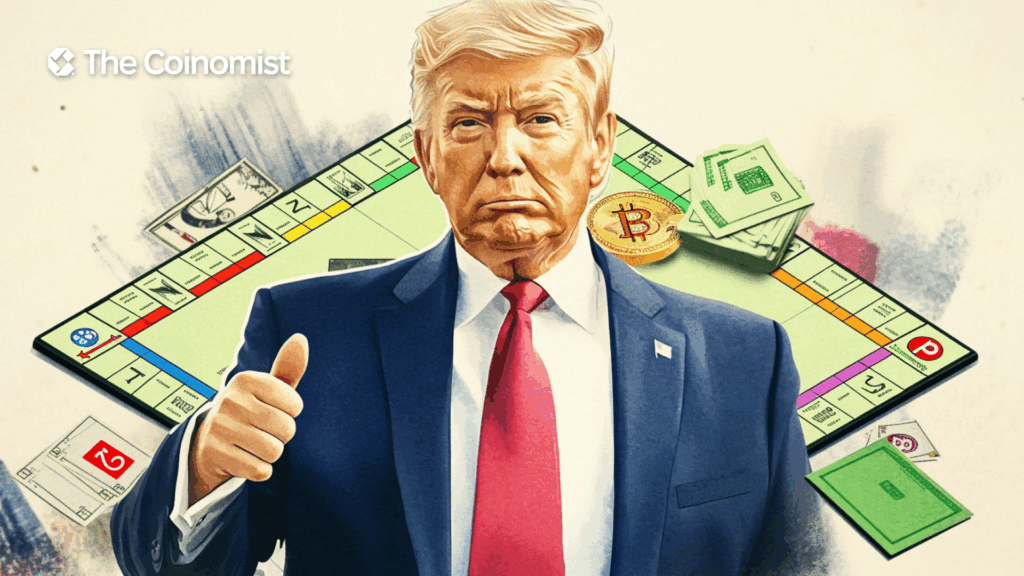 Trump, Monopoly board game on the background - The Coinomist