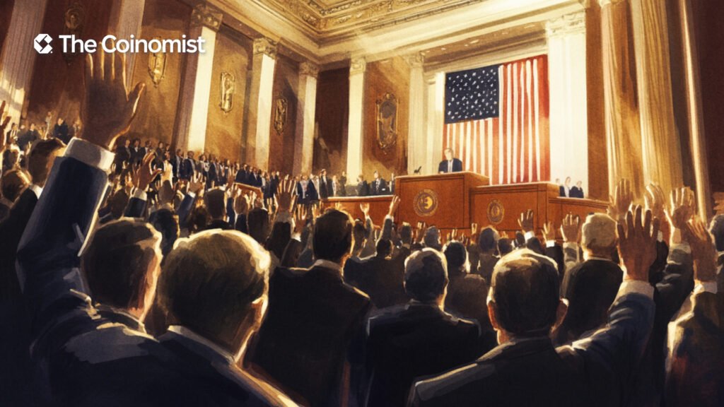 Senate, with politicians raising their hands as if voting on a proposal - The Coinomist