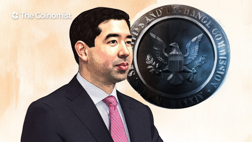 Mark Uyeda on the cover with the US SEC logo in the background - The Coinomist