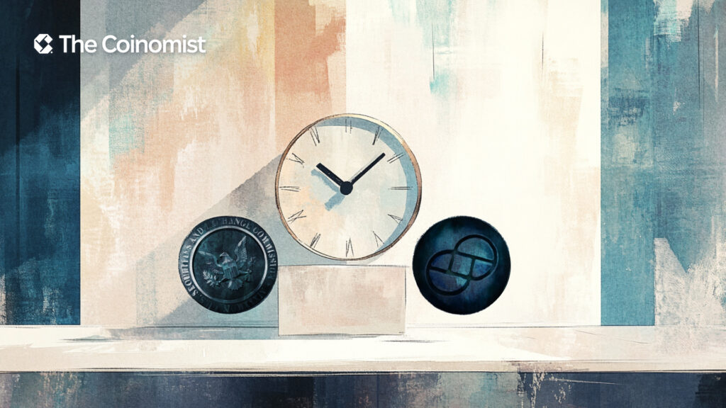 Clock icon to symbolize a lawsuit pause and the U.S. SEC and Gemini logos. The Coinomist