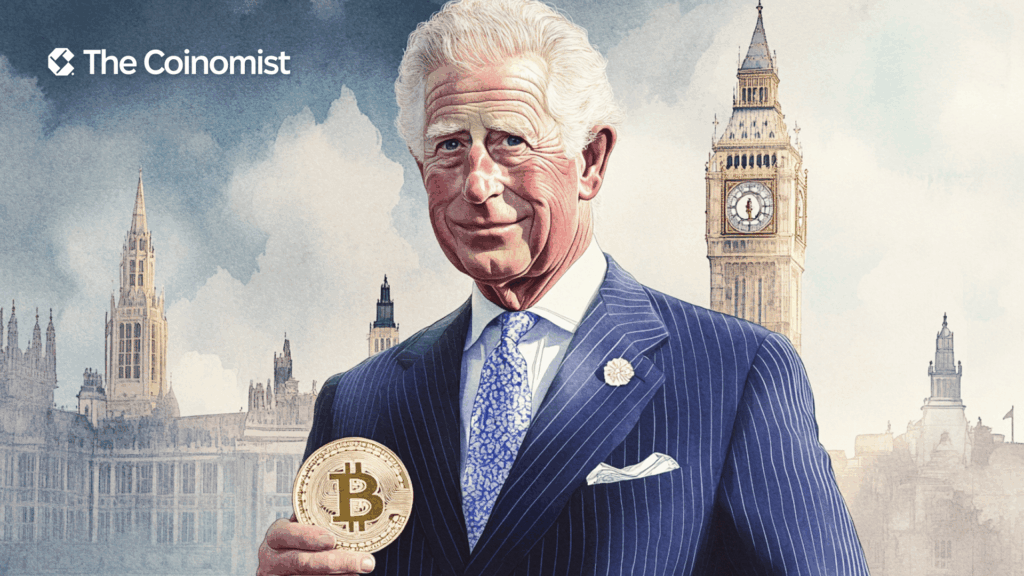 Charles III with Bitcoin in hand, London in the background - The Coinomist