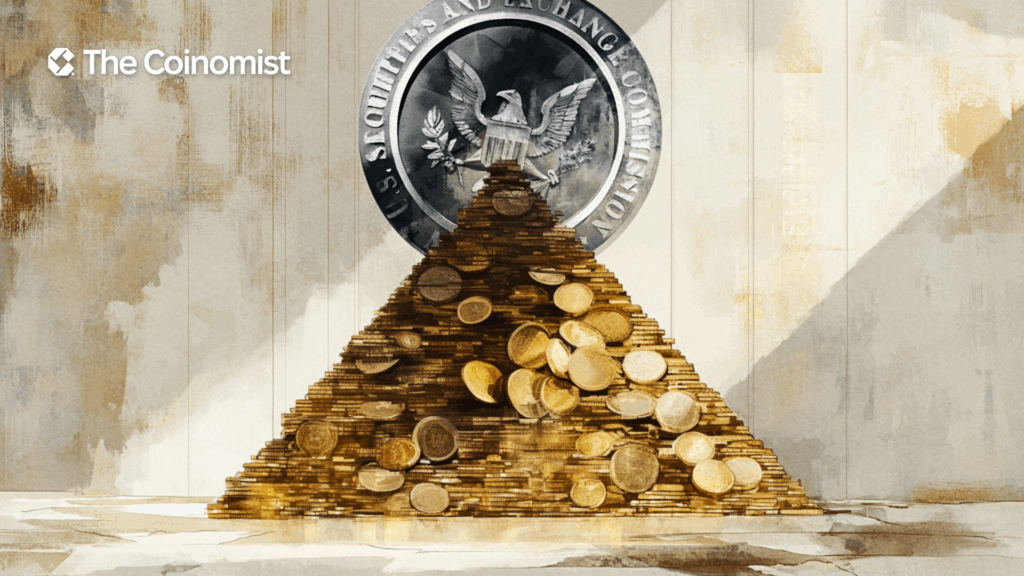 SEC logo and a triangle of blank crypto coins representing a Ponzi scheme - The Coinomist