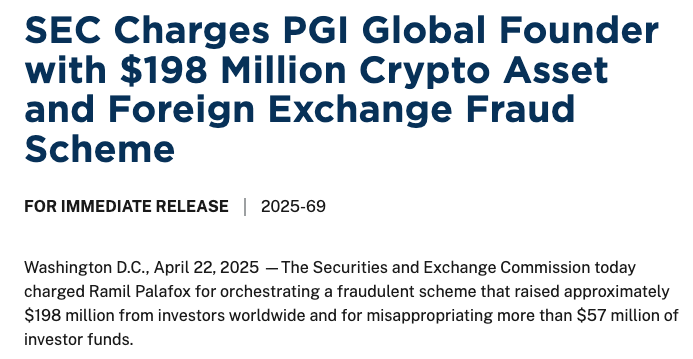 Official US SEC press release on $198 M fraud scheme. Source: The Coinomist