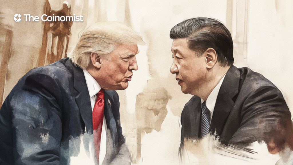 US and CN flags, Angry Trump and Xi Jinping stare at each other - The Coinomist