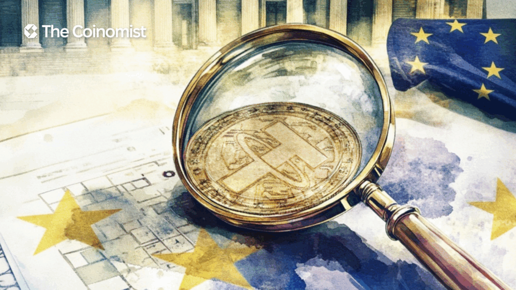 USDT logo under pressure: it can be cracked or under a magnifying glass, as a symbol of control. In the background is a map of Europe or EU symbols, such as a flag with yellow stars or the building of the European Parliament - The Coinomist