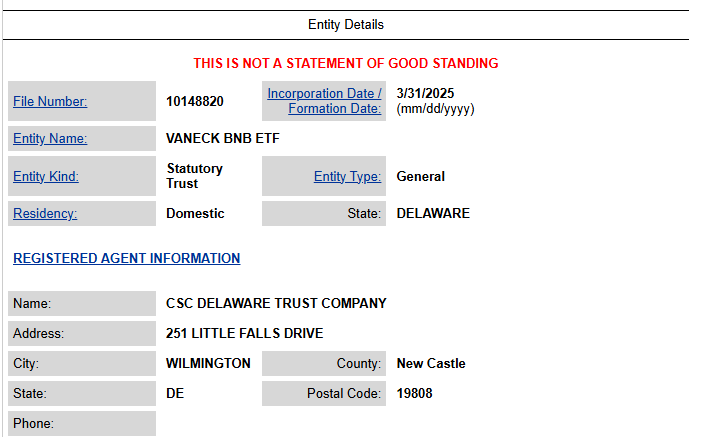 Official registry screenshot of VanEck’s Delaware trust. The Coinomist