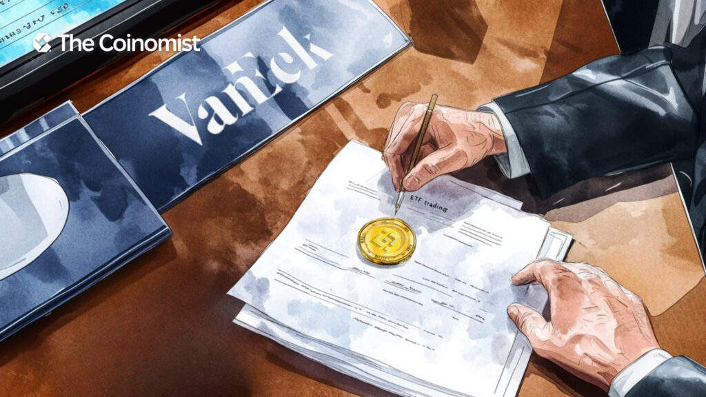 VanEck logo and contract including trading. The Coinomist