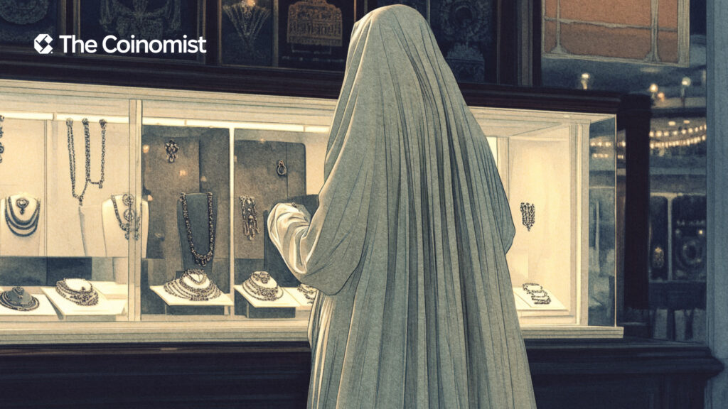 A girl in a burqa leans over the counter in a jewelry store - The Coinomist