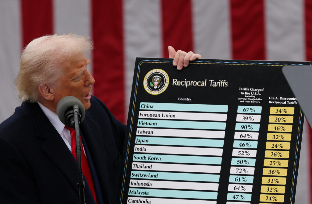 Donald Trump holding a banner with new tariffs. The Coinomist