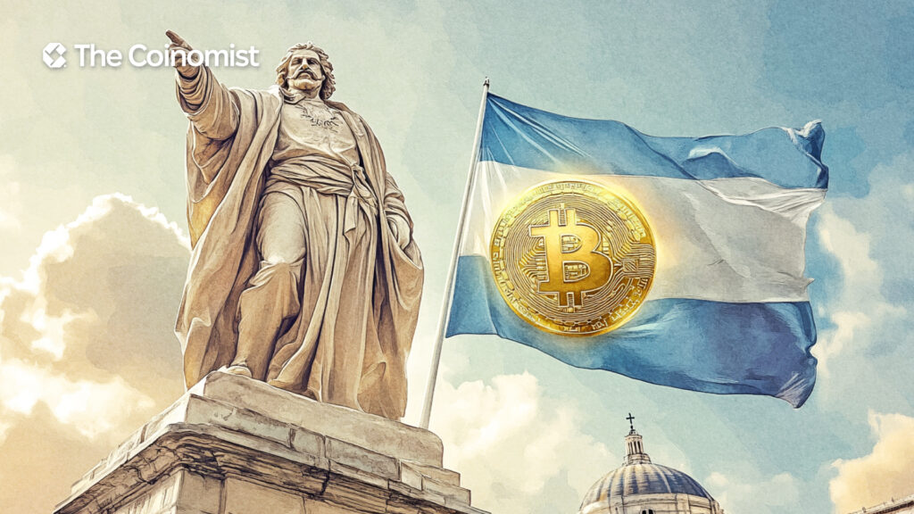 Christopher Columbus statue and Bitcoin sign against the backdrop of the Argentine flag - The Coinomist