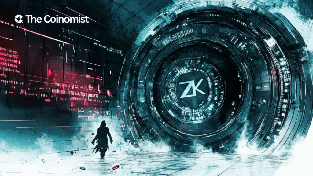 ZKsync project logo, opened lock, sad developer - The Coinomist