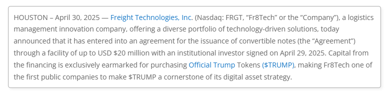 Screenshot from Freight Technologies’ press release preview — The Coinomist.