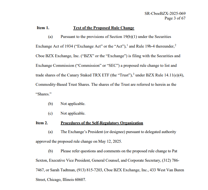 Screenshot of the first page of Cboe BZX’s press release on the Staked TRX ETF — The Coinomist
